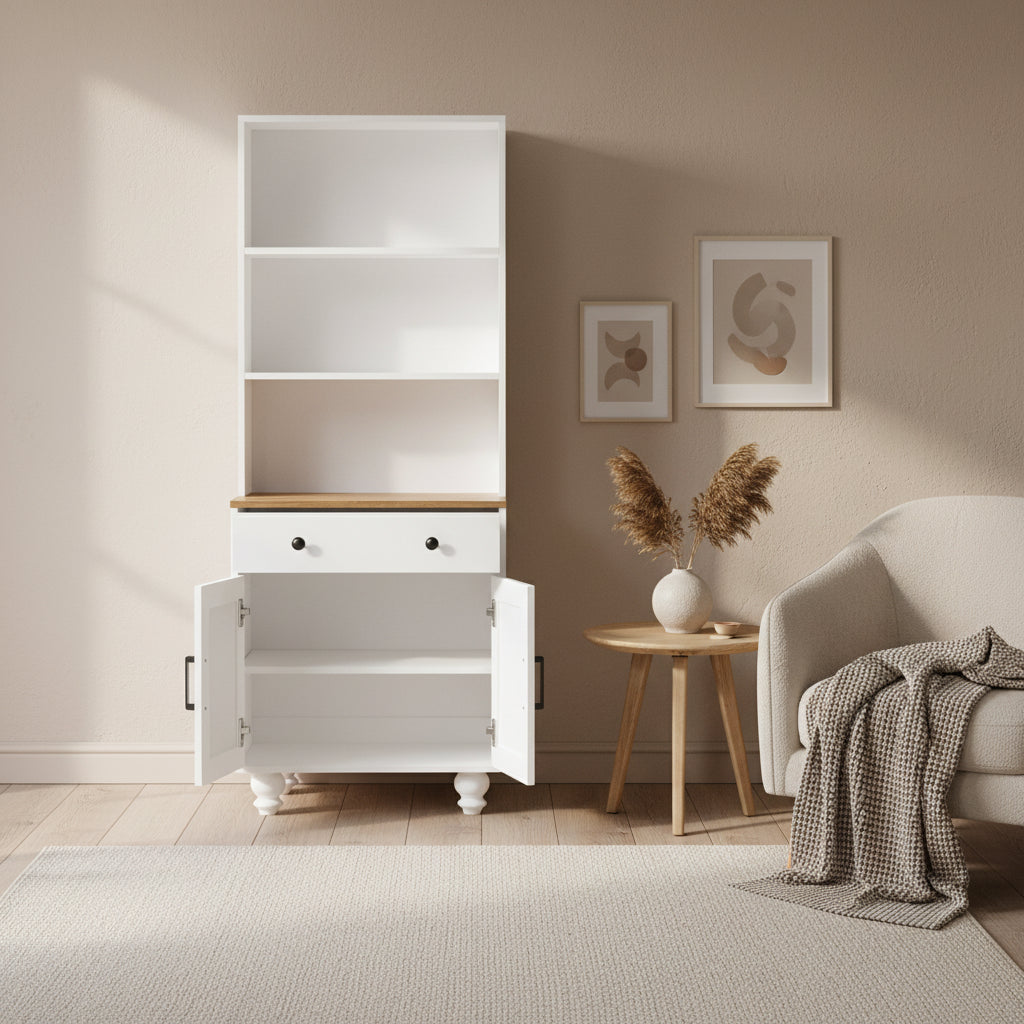 Storage Cabinet with 4 Solid Wood Gourd-Shaped Legs,Kitchen Pantry Cabinet with Adjustable Shelves,5 Tier Bookshelf with Drawer