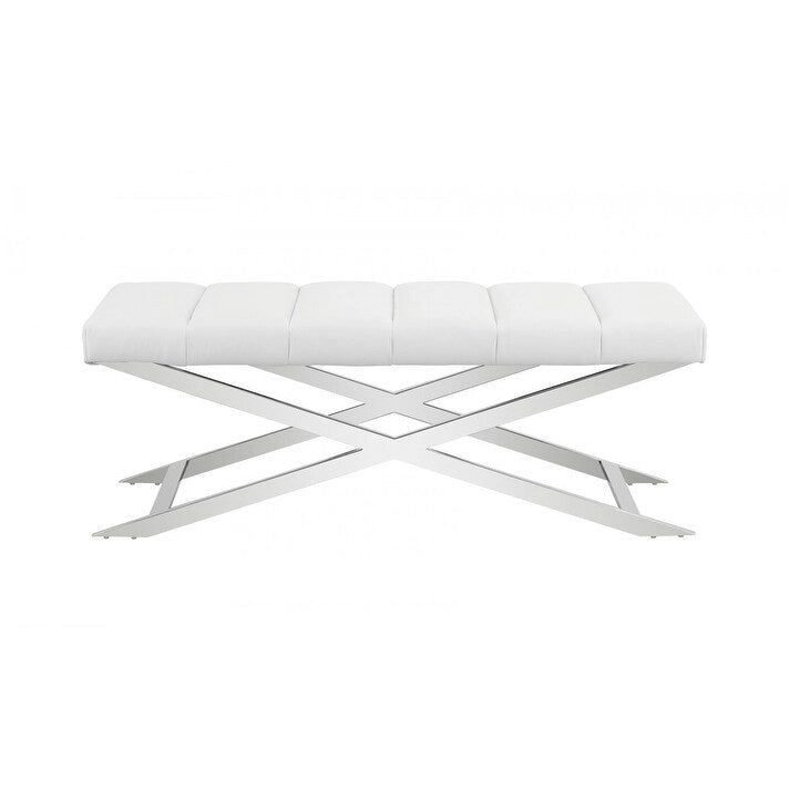 Cream and Wood Brown Upholstered Polyester Blend Bench - 55