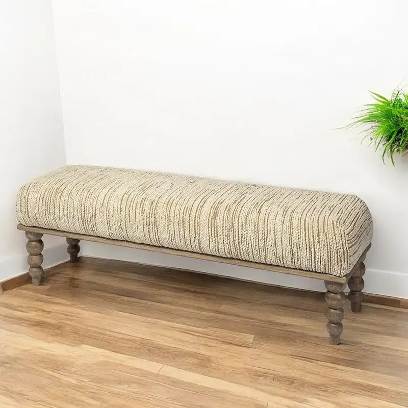 Cream and Wood Brown Upholstered Polyester Blend Bench - 55