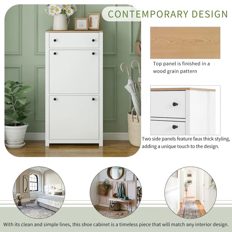 Functional Entryway Organizer with 2 Flip Drawers, Wood Grain Pattern Top Shoe Cabinet with Drawer