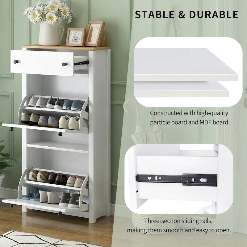 Functional Entryway Organizer with 2 Flip Drawers, Wood Grain Pattern Top Shoe Cabinet with Drawer