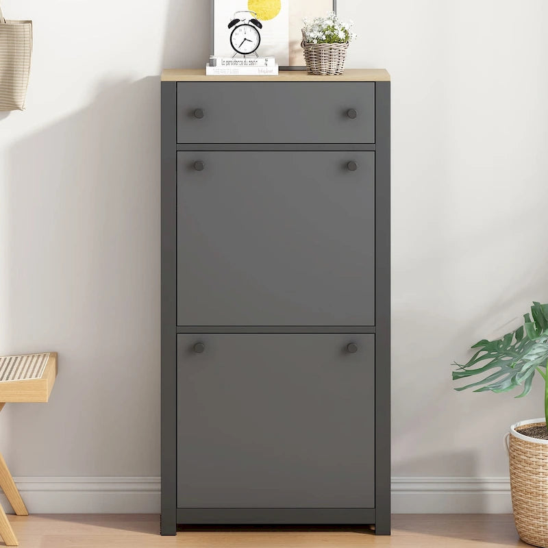 Functional Entryway Organizer with 2 Flip Drawers, Wood Grain Pattern Top Shoe Cabinet with Drawer