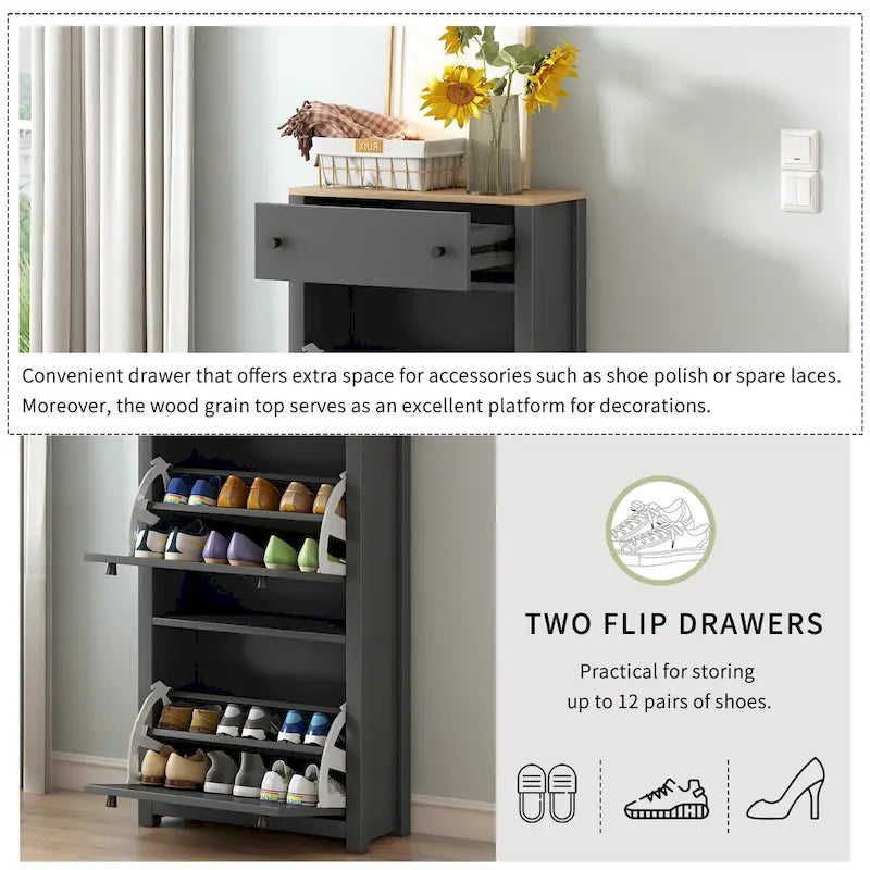 Functional Entryway Organizer with 2 Flip Drawers, Wood Grain Pattern Top Shoe Cabinet with Drawer