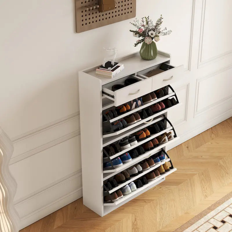 31.49 inches of white solid wood shoe cabinet, three-layer flip bucket shoe storage cabinet