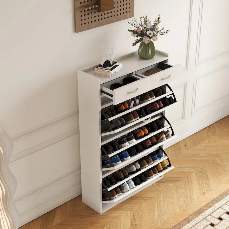 31.49 inches of white solid wood shoe cabinet, three-layer flip bucket shoe storage cabinet