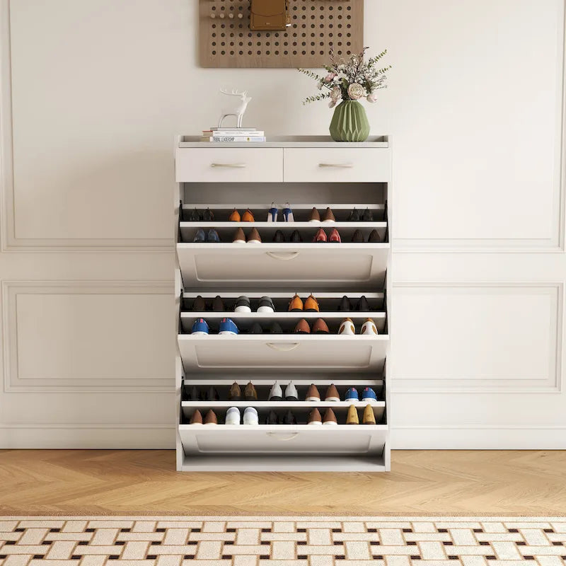 31.49 inches of white solid wood shoe cabinet, three-layer flip bucket shoe storage cabinet