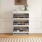 31.49 inches of white solid wood shoe cabinet, three-layer flip bucket shoe storage cabinet
