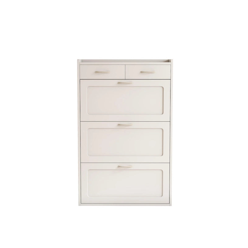 31.49 inches of white solid wood shoe cabinet, three-layer flip bucket shoe storage cabinet
