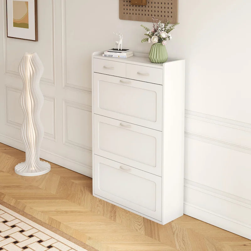 31.49 inches of white solid wood shoe cabinet, three-layer flip bucket shoe storage cabinet