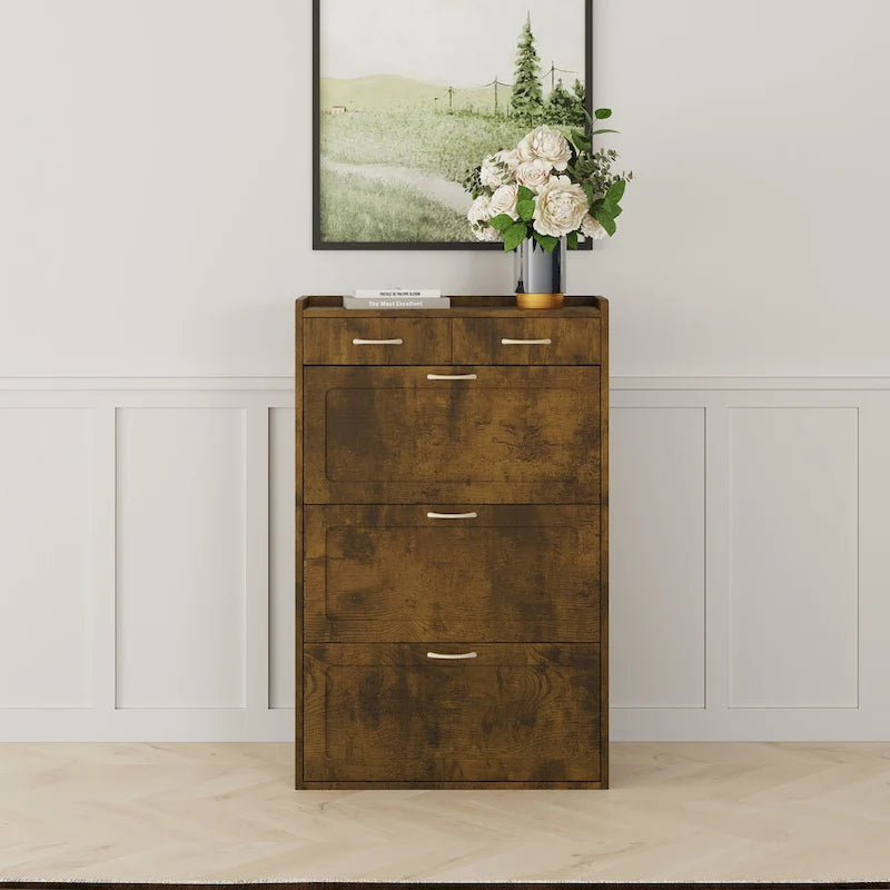 31.49 inches of white solid wood shoe cabinet, three-layer flip bucket shoe storage cabinet