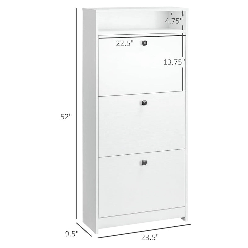 Slim Shoe Cabinet, Trendy Shoe Storage Cabinet with 3 Large Fold-Out Drawers & a Spacious Top Surface for Small Items, White