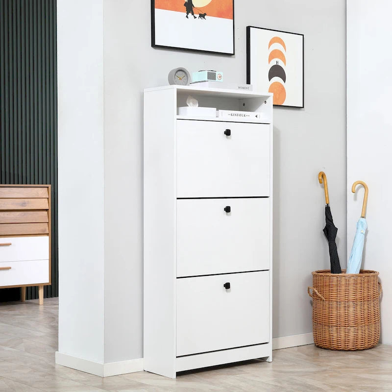 Slim Shoe Cabinet, Trendy Shoe Storage Cabinet with 3 Large Fold-Out Drawers & a Spacious Top Surface for Small Items, White