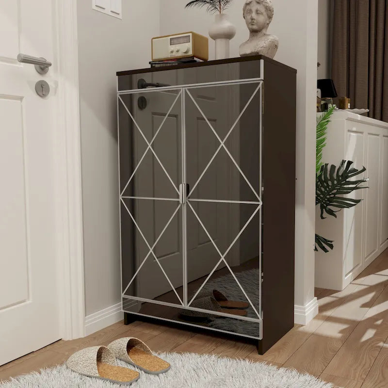 Elegant Decor Mirrored Cabinet with Silver Edging,Mirrored Cabinet with Double Door Storage