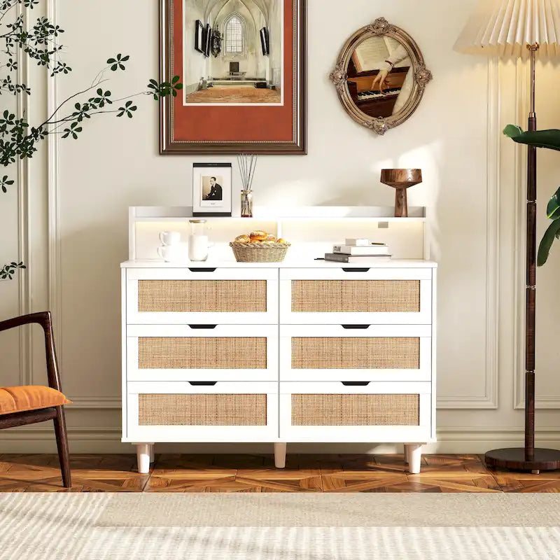 6-Drawers Rattan Accent Cabinet with LED Lights and Power Outlet, White
