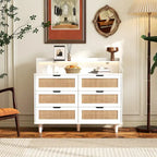 6-Drawers Rattan Accent Cabinet with LED Lights and Power Outlet, White