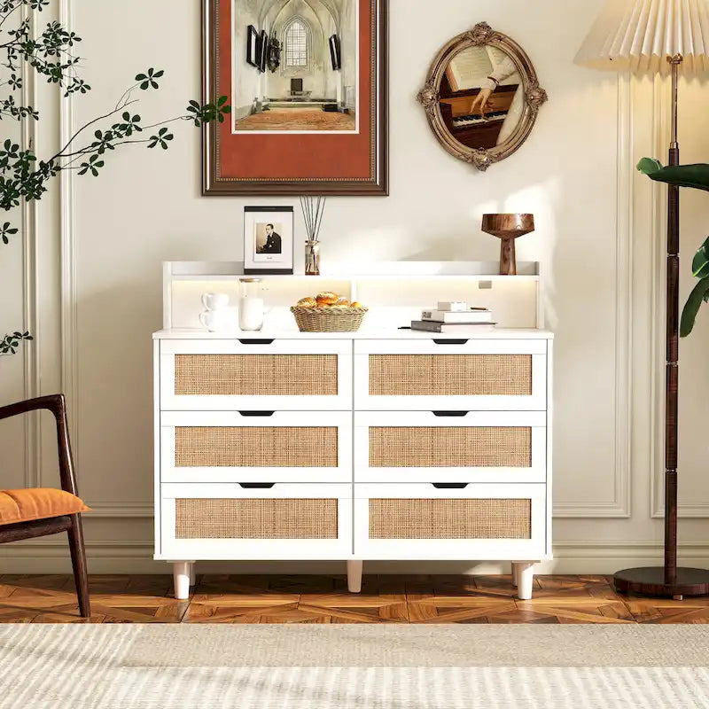 6-Drawers Rattan Accent Cabinet with LED Lights and Power Outlet, White