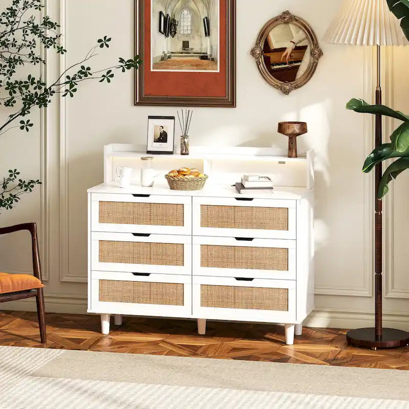 6-Drawers Rattan Accent Cabinet with LED Lights and Power Outlet, White