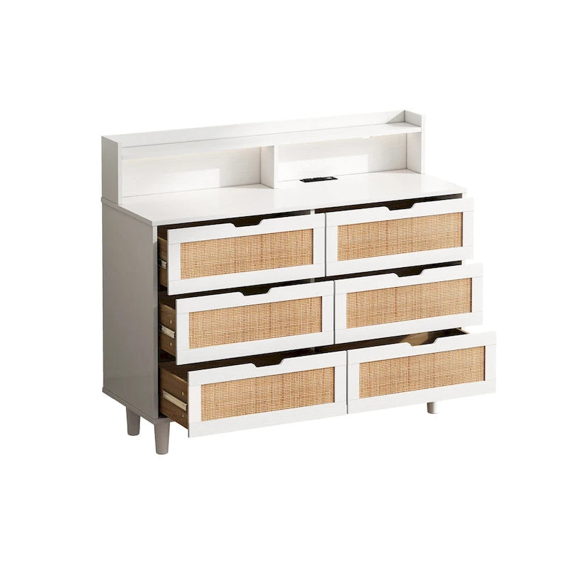 6-Drawers Rattan Accent Cabinet with LED Lights and Power Outlet, White
