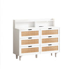 6-Drawers Rattan Accent Cabinet with LED Lights and Power Outlet, White