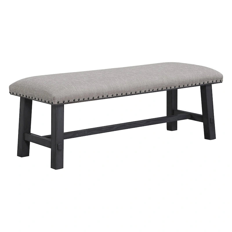 Home and Office Furniture Bench with Antique Grey Frame and Antique Bronze Nailhead Trim in Grey Fabric