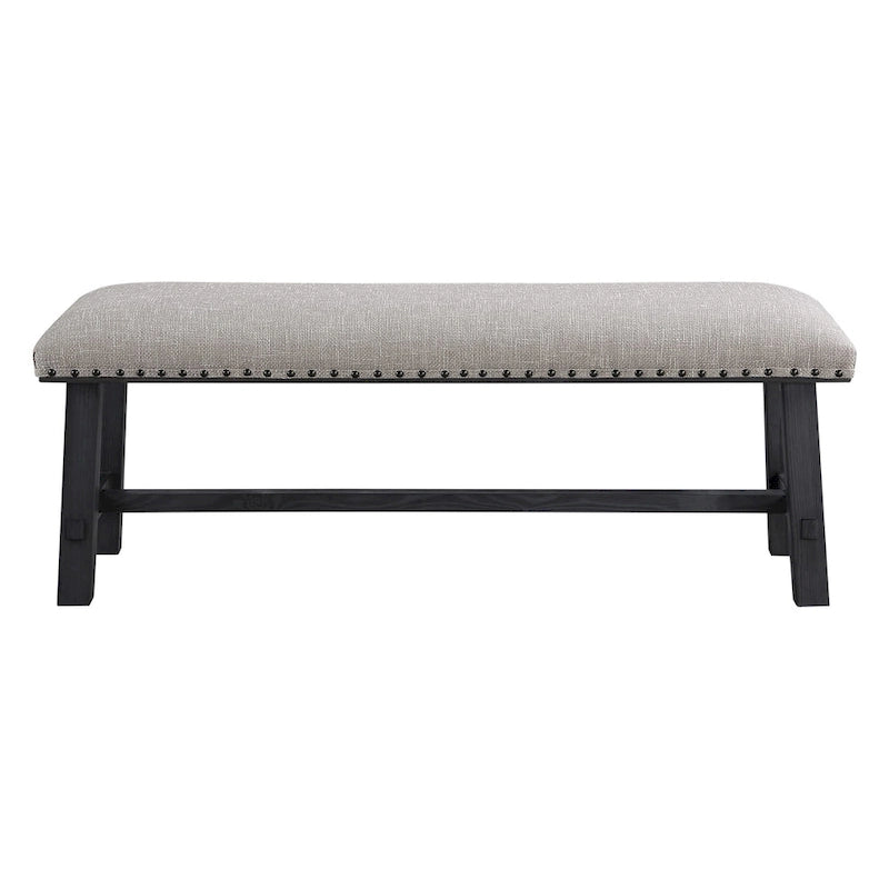 Home and Office Furniture Bench with Antique Grey Frame and Antique Bronze Nailhead Trim in Grey Fabric