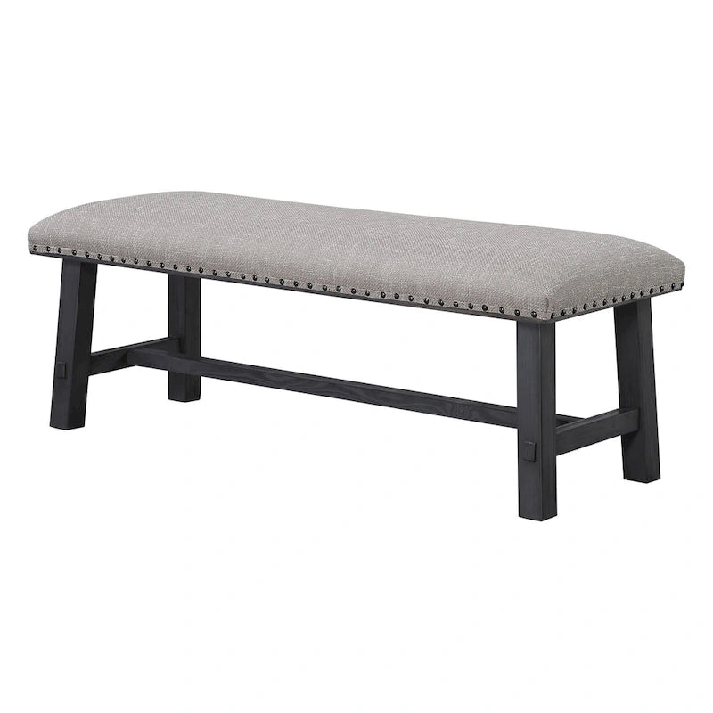 Home and Office Furniture Bench with Antique Grey Frame and Antique Bronze Nailhead Trim in Grey Fabric