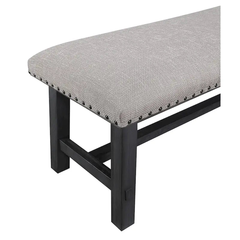 Home and Office Furniture Bench with Antique Grey Frame and Antique Bronze Nailhead Trim in Grey Fabric