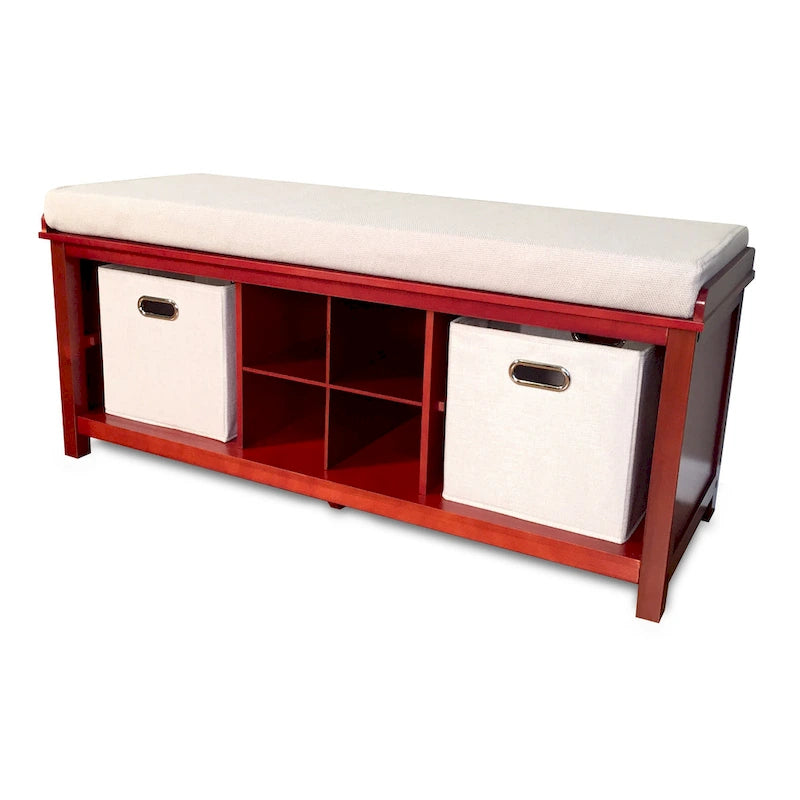 Solid Wood Entryway Bench - Red Mahogany, 3-Cubby, Seats 2