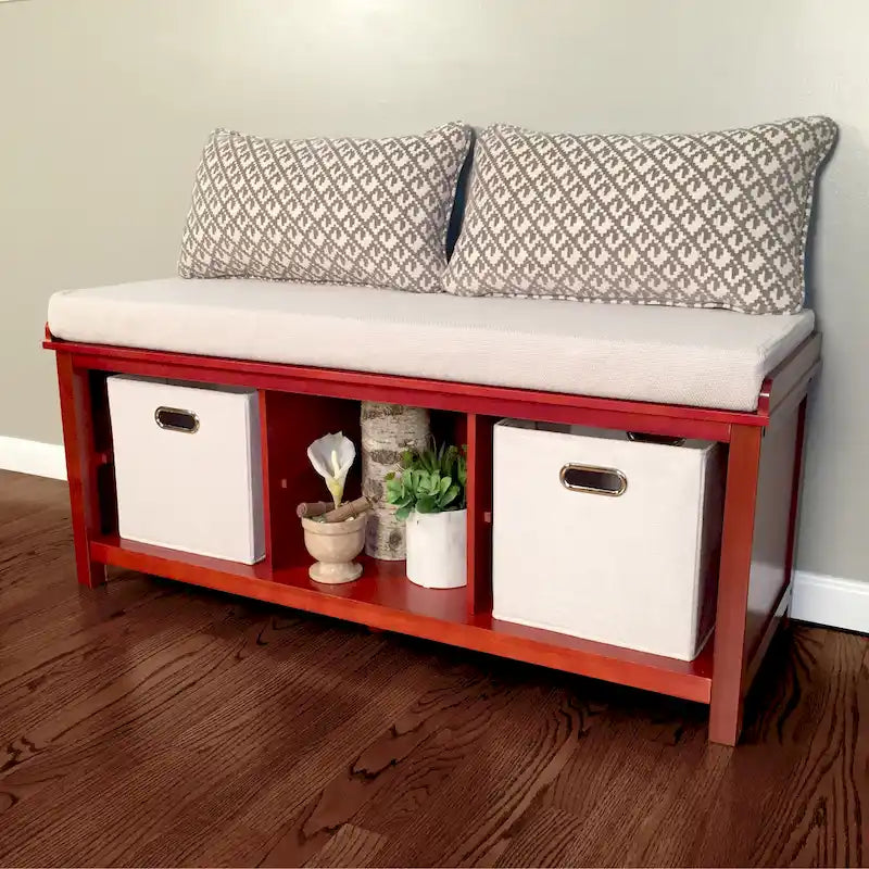 Solid Wood Entryway Bench - Red Mahogany, 3-Cubby, Seats 2