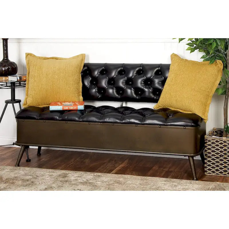 Metal Storage Bench with Tufted Faux Leather - Black - Roche River Decor - 19W x 54L x 31H