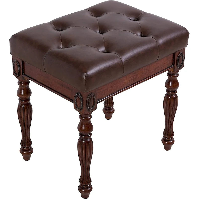 Traditional Shoe Bench with Button Tufted Pad Wood Turned Legs, Upholstered Entryway Bench
