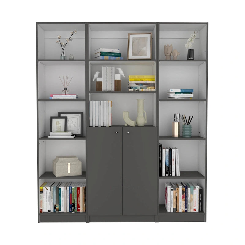 60 Wide 5-Shelf and Cabinet Bookcase Set of 3 Matt Grey - White