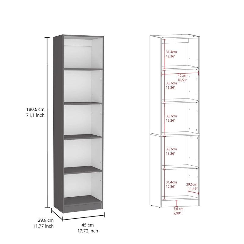 60 Wide 5-Shelf and Cabinet Bookcase Set of 3 Matt Grey - White