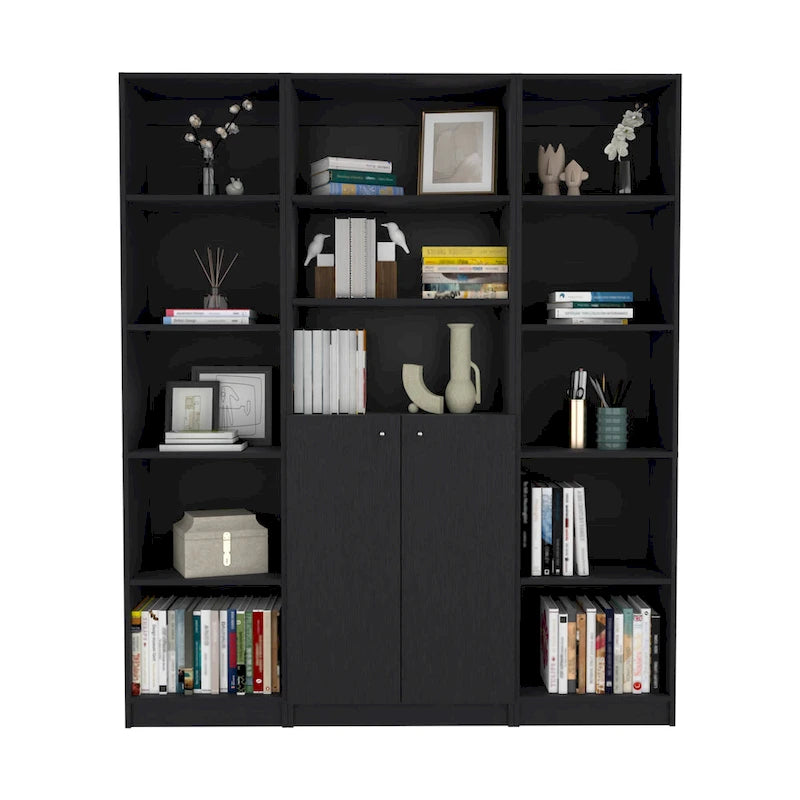 60 Wide 5-Shelf and Cabinet Bookcase Set of 3 Matt Grey - White