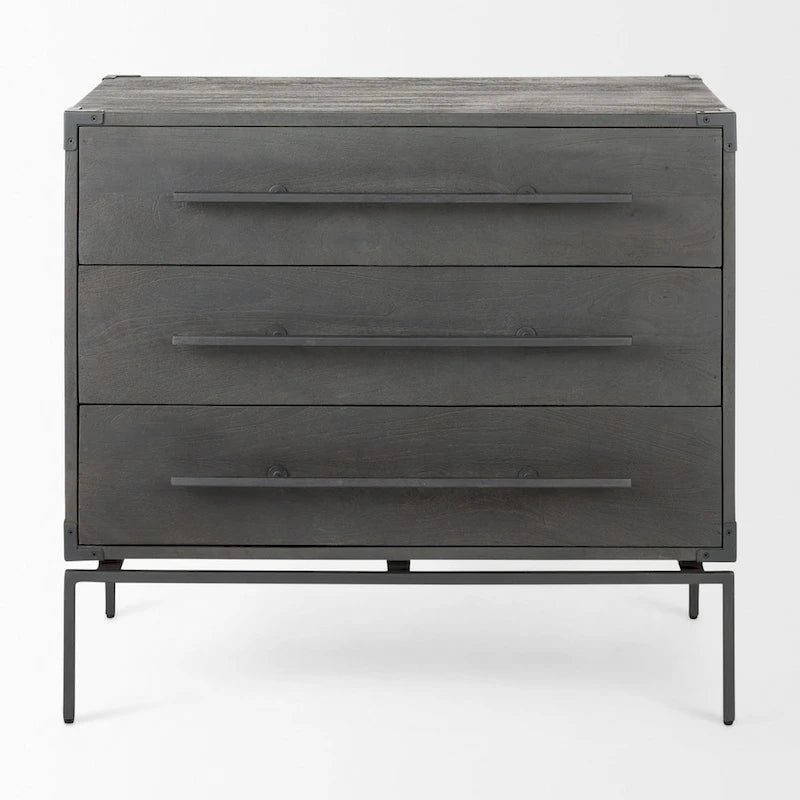 Dark Brown Mango Wood 3-Drawer Accent Cabinet with Black Iron Base, 1-Person Assembly