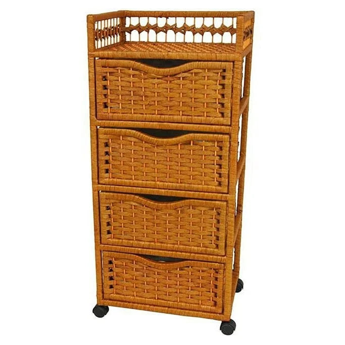 Natural Fiber Wheeled 4-drawer Chest of Drawers - 17.25W x 12.50D x 38.25H