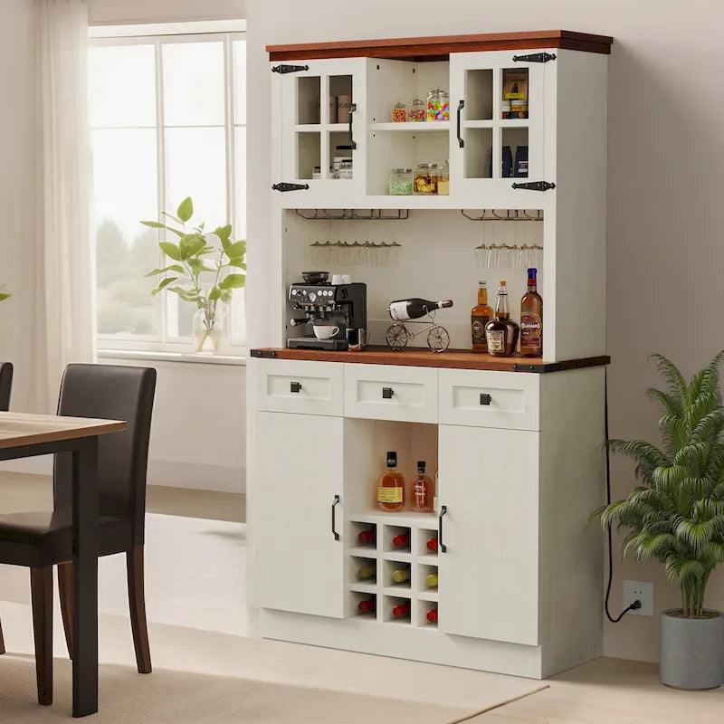 Kitchen Storage Cabinet Pantry Cupboard with Charging Station and 3 Drawers