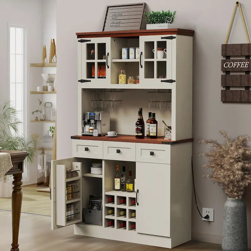 Kitchen Storage Cabinet Pantry Cupboard with Charging Station and 3 Drawers
