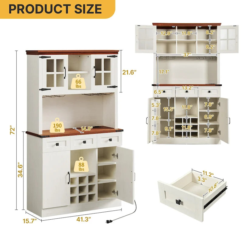 Kitchen Storage Cabinet Pantry Cupboard with Charging Station and 3 Drawers