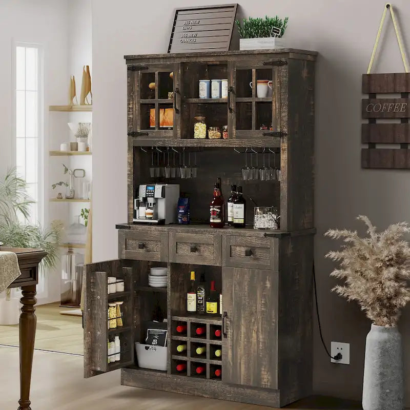 Kitchen Storage Cabinet Pantry Cupboard with Charging Station and 3 Drawers