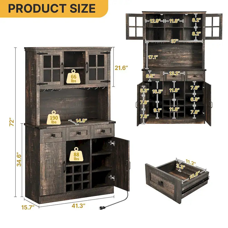 Kitchen Storage Cabinet Pantry Cupboard with Charging Station and 3 Drawers