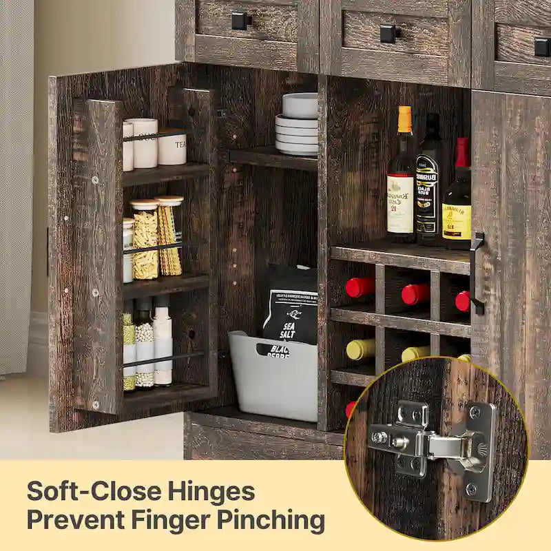 Kitchen Storage Cabinet Pantry Cupboard with Charging Station and 3 Drawers