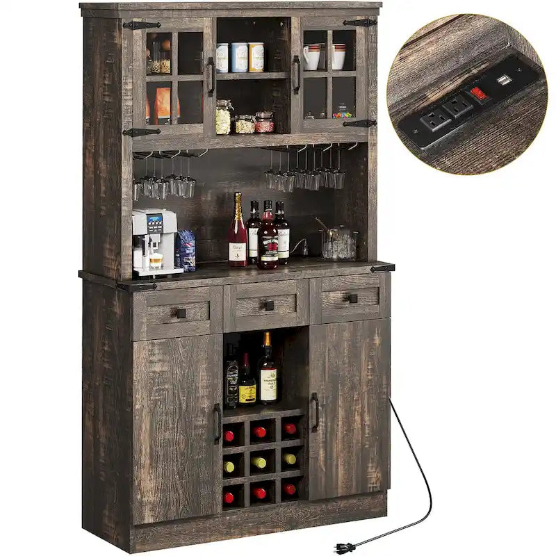 Kitchen Storage Cabinet Pantry Cupboard with Charging Station and 3 Drawers