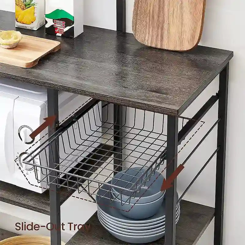 Kitchen Microwave Oven Stand Shelf with Wire Basket and 6 S-Hooks - 35.4L x 15.7W x 52H