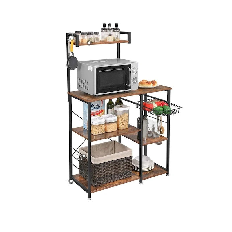 Kitchen Microwave Oven Stand Shelf with Wire Basket and 6 S-Hooks - 35.4L x 15.7W x 52H