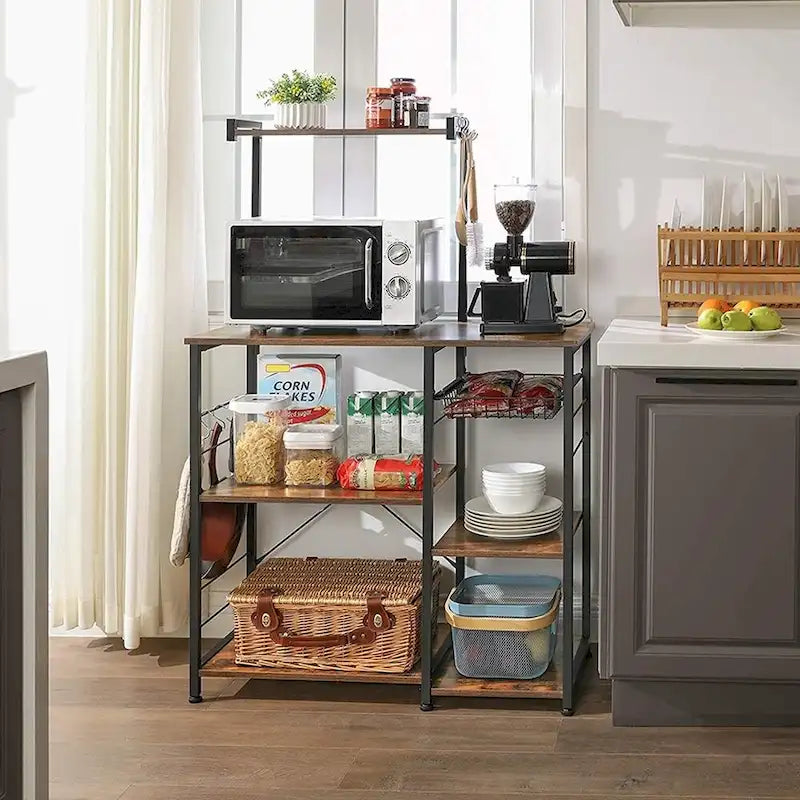 Kitchen Microwave Oven Stand Shelf with Wire Basket and 6 S-Hooks - 35.4L x 15.7W x 52H