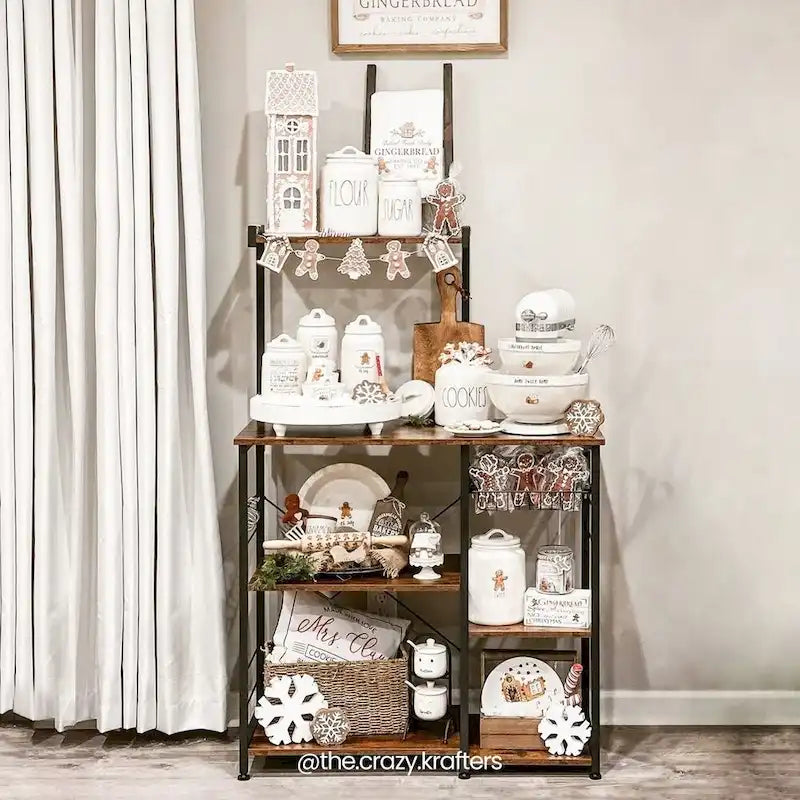 Kitchen Microwave Oven Stand Shelf with Wire Basket and 6 S-Hooks - 35.4L x 15.7W x 52H