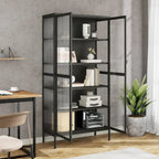 Black Highboard with Fluted Glass & Steel Frame, 33.5"×15.7"×70.9"