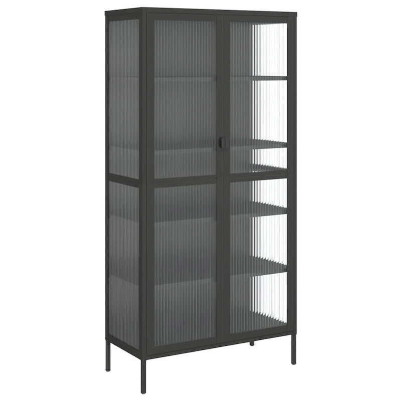 Black Highboard with Fluted Glass & Steel Frame, 33.5"×15.7"×70.9"