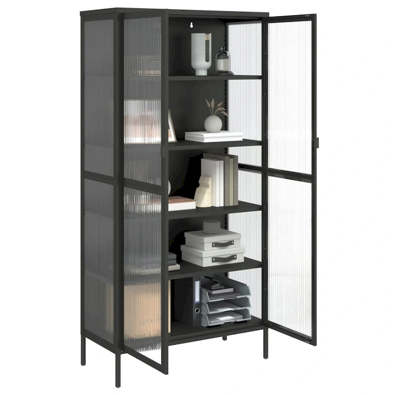 Black Highboard with Fluted Glass & Steel Frame, 33.5"×15.7"×70.9"